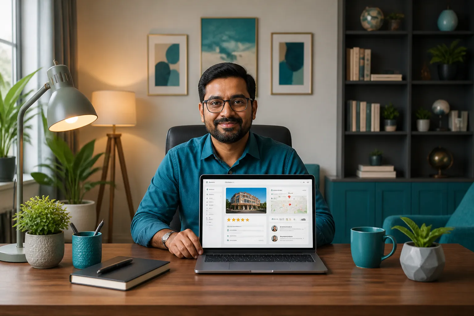 Google Business Profile setup on a laptop in a modern Indian workspace